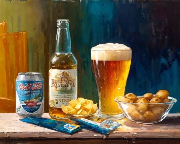 Vibrant Still Life with Beer and Snacks Composition