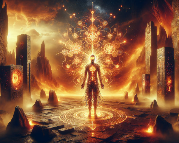 Radiant Figure in Mystical Landscape with Monoliths