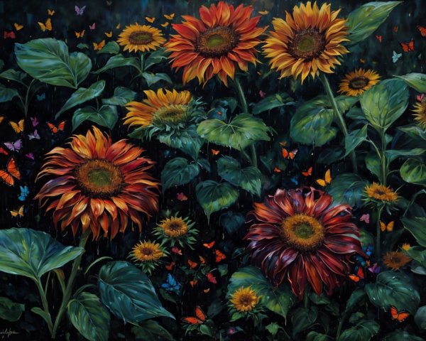 Vibrant garden scene with sunflowers and butterflies