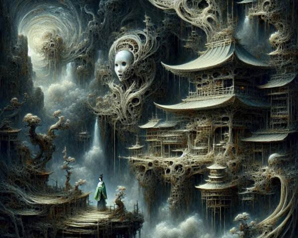 Surreal Landscape with Swirling Structures and Figure