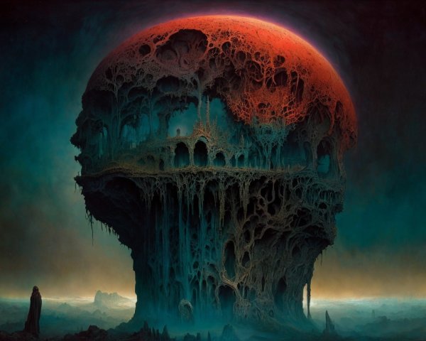 Surreal landscape with a skull-like head and red orb