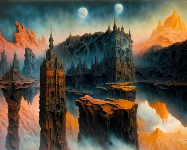 Surreal landscape with spires and two moons in mist