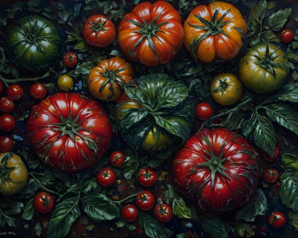 Vibrant Arrangement of Colorful Tomatoes and Leaves