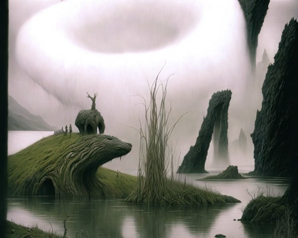 Surreal Landscape with Jagged Rocks and Ethereal Light