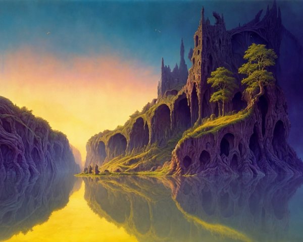 Surreal Landscape with Rock Formations and Reflections