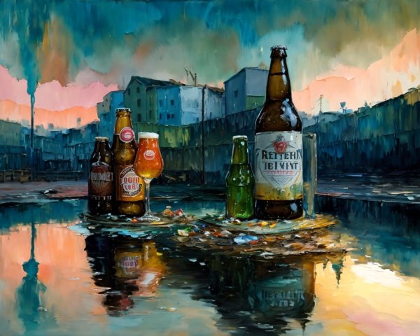 Beer Bottles and Cans on Reflective Urban Surface