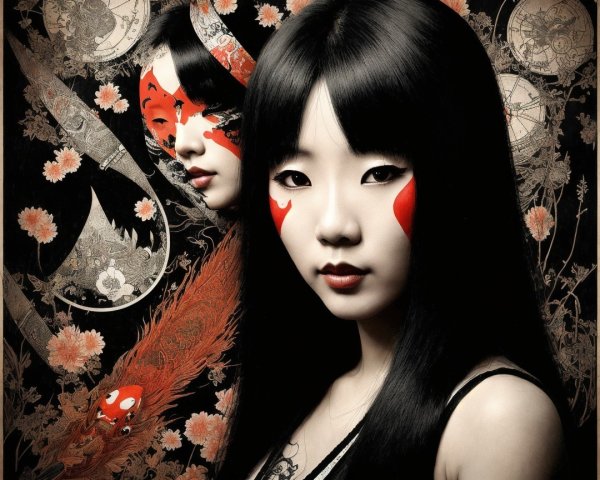 Young Women with Black Hair and Red Face Paint