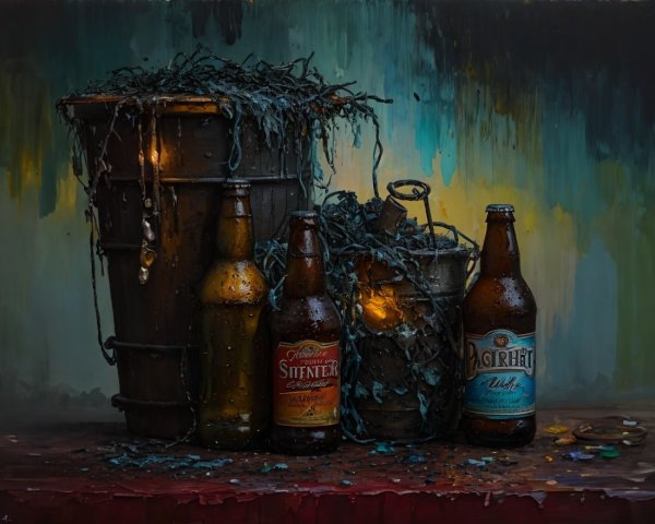 Still Life with Vintage Beer Bottles and Rustic Table