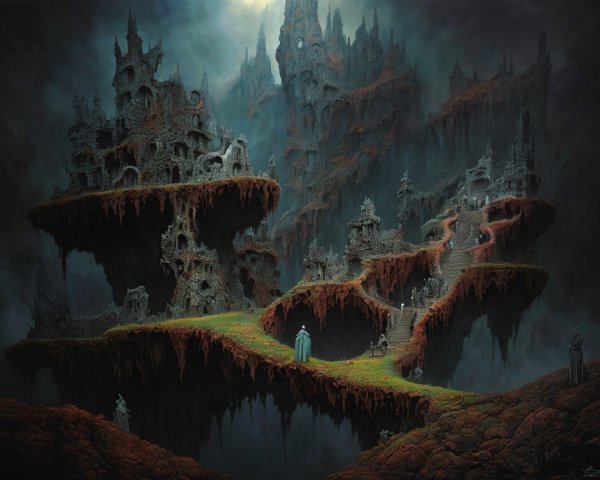 Surreal Dark Landscape with Floating Rocky Formations