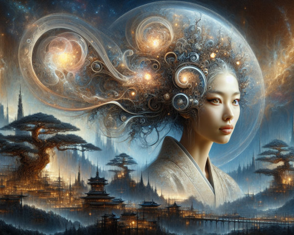 Cosmic Figure in Mystical Landscape with Vibrant Colors