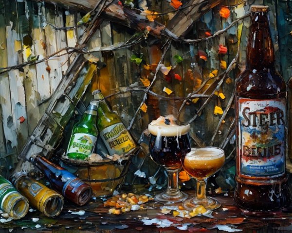 Vibrant Still Life of Beer Bottles and Glasses