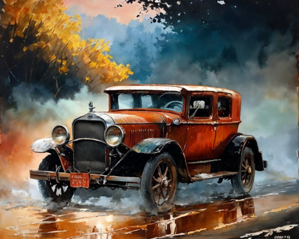 1920s Vintage Car in Misty Autumn Landscape