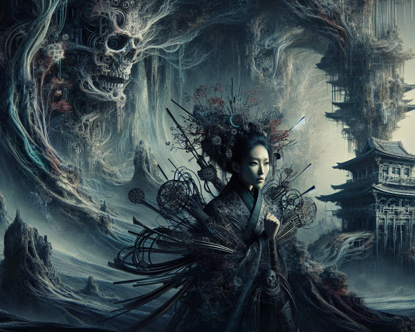 Mystical Figure in Surreal Asian Landscape with Skull