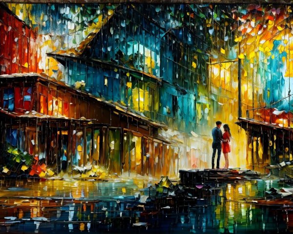 Impressionistic Cityscape with Romantic Couple in Rain