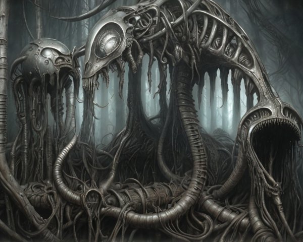 Surreal Mechanical Creature in Dark Atmospheric Scene