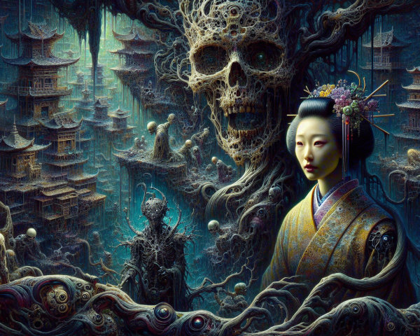 Surreal Japanese Scene with Geisha and Dark Elements