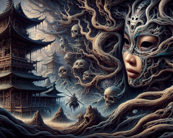 Surreal Landscape with Mystical Pagoda and Shadows