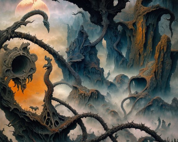 Surreal Landscape with Twisted Trees and Fog