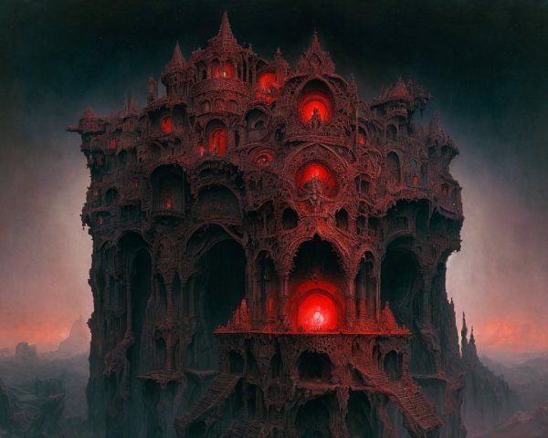 Gothic Fortress in a Shadowy Landscape with Red Glows