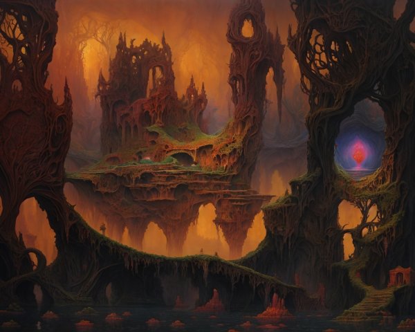 Surreal Landscape with Twisted Structures and Portal