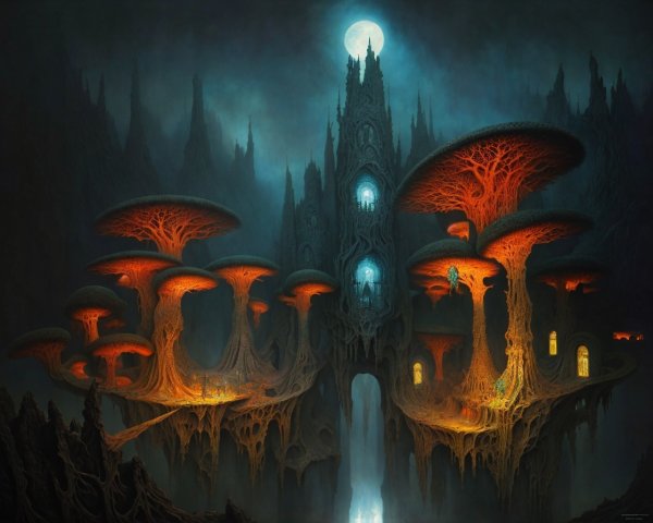 Surreal Landscape with Twisted Structures and Mushrooms