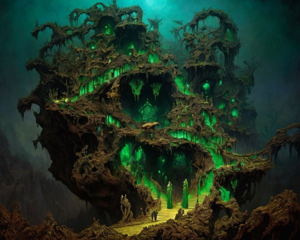 Twisted tree-like structure with eerie green glow