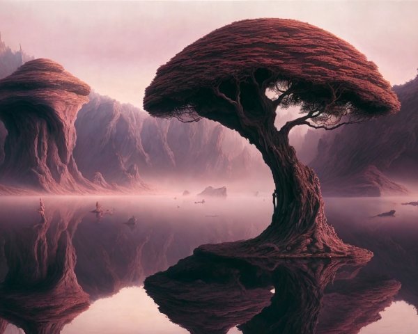 Surreal Landscape with Unique Tree and Misty Backdrop
