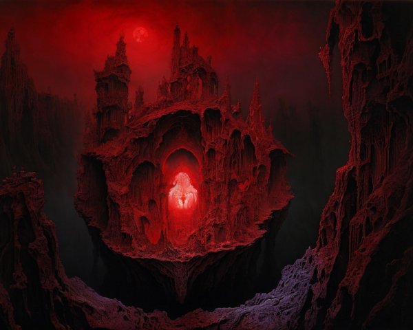 Surreal Landscape with Dark Rocks and Towering Castles