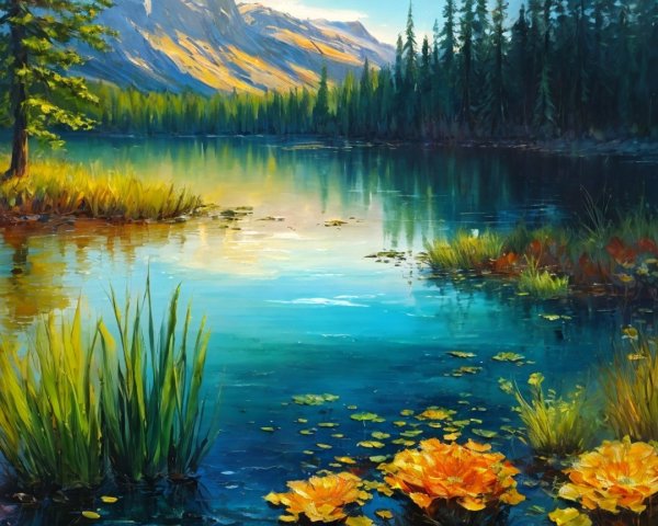 Tranquil Lake Surrounded by Lush Greenery and Mountains