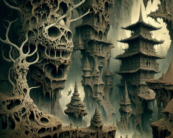 Eerie Landscape with Skull-Like Structures and Pagodas