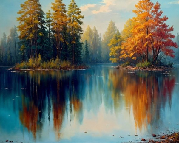 Tranquil Lake Surrounded by Autumn Foliage and Mist