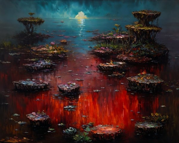 Mystical Landscape with Reflective Water and Flora