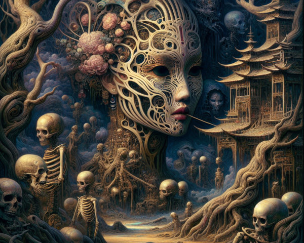 Surreal Landscape with Mask Figure and Skeletal Forms