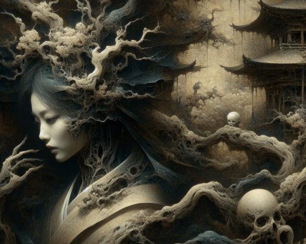 Haunting Figure with Roots and Eerie Surroundings