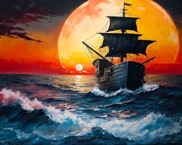Majestic Ship Sailing Through Vibrant Sunset Waves