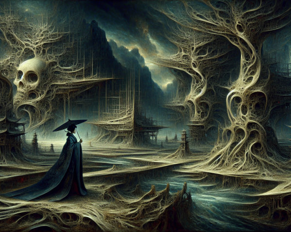 Surreal Landscape with Skeletal Trees and Eerie Structures