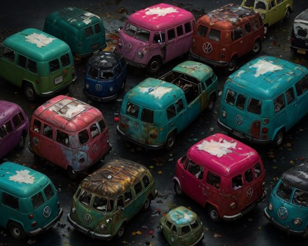 Vintage Volkswagen Vans in Various Colors on Dark Surface