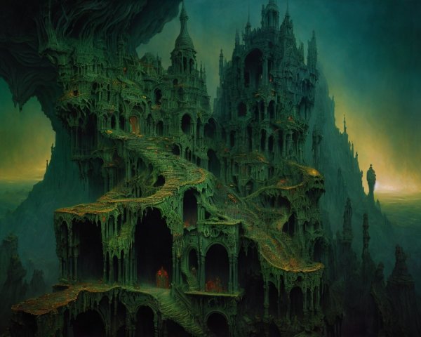 Surreal Landscape with Moss-Covered City and Spires
