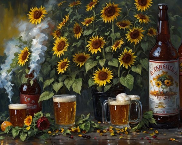 Still Life of Beer Bottles and Sunflowers