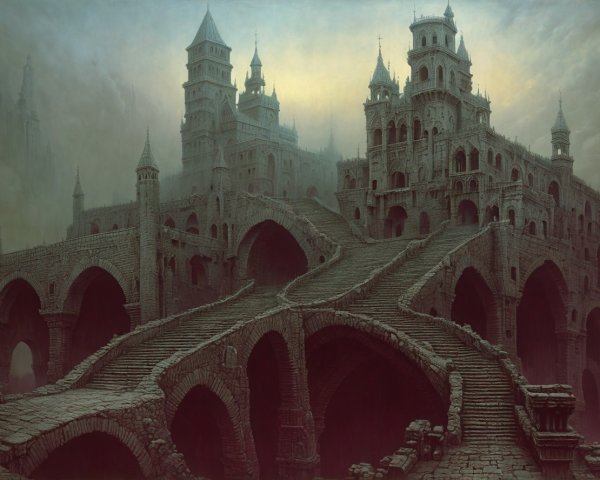 Ancient stone castle with towering structures and mist