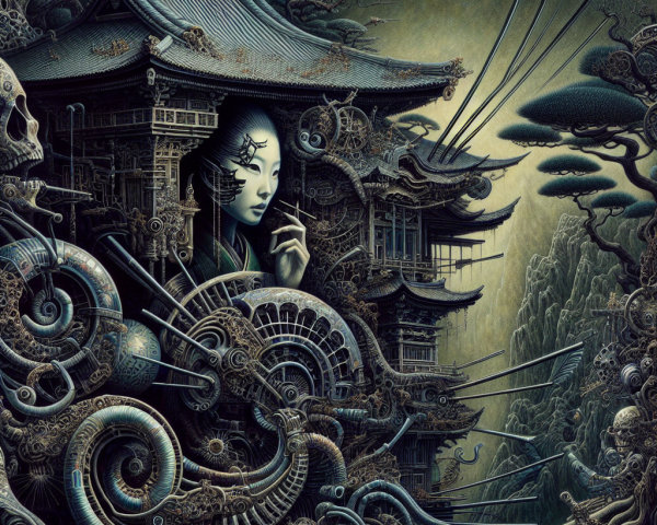 Surreal Temple with Mechanical and Organic Elements