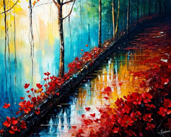 Serene landscape with winding path and vibrant flowers