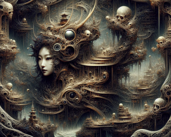 Surreal Landscape with Organic Forms and Fantastical Creatures