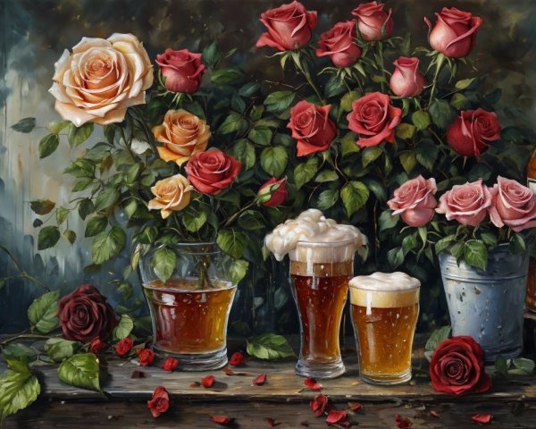 Vibrant Still Life of Roses and Beer Glasses