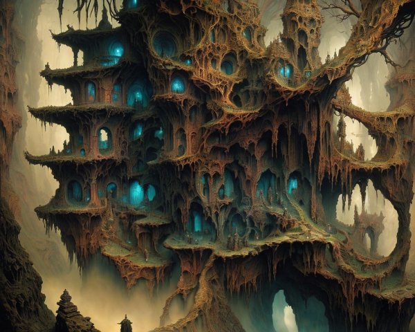Surreal Structure in Eerie Landscape with Blue Lights