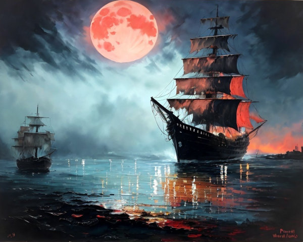 Dramatic Seascape with Tall Ships Under Full Moon
