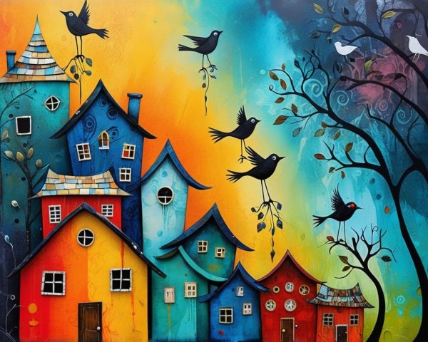 Colorful Houses and Birds in a Whimsical Scene