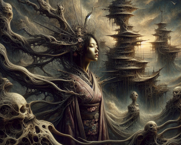 Surreal Landscape with Woman in Intricate Kimono