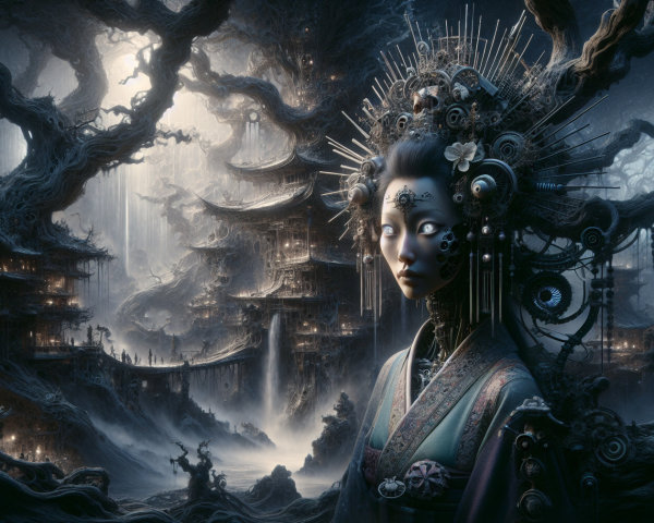Mystical Landscape with Serene Figure and Pagodas