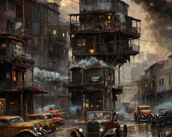 Vintage Cars in Gritty Urban Rainy Atmosphere